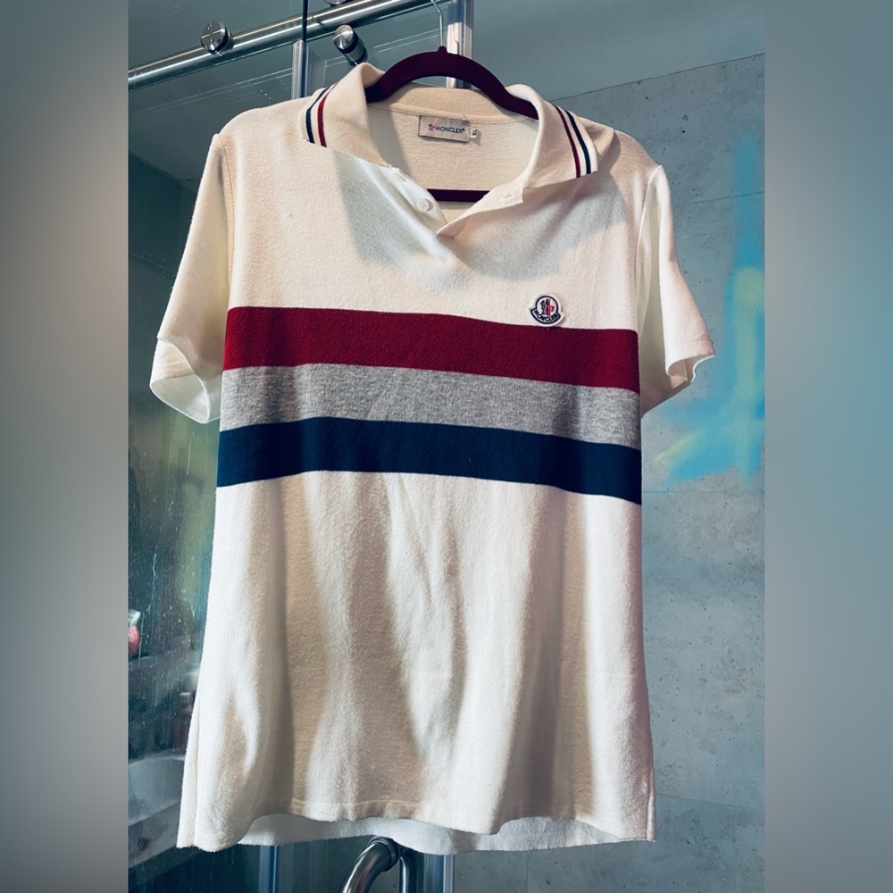Vintage Moncler Polo Shirt - size XL - Short Sleeve - White - Black Trim - Y2K